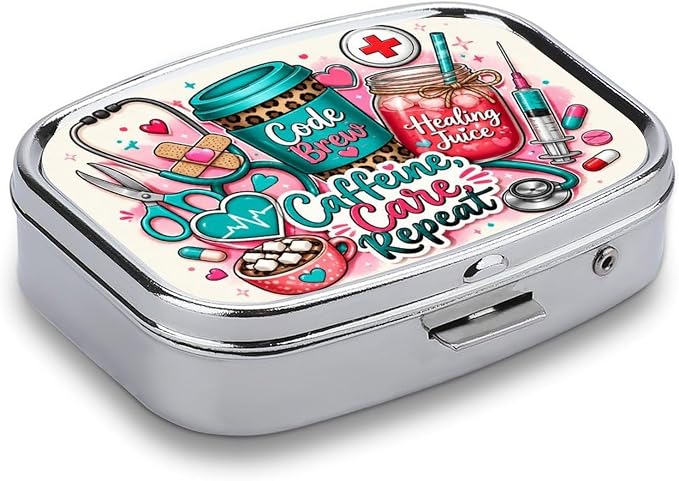 Cute Coffee and Care Collection Two Compartment Pill Box Medicine Organizer, Portable Pill Case with Secure Snap Closure for Vitamins Medication Supplements Daily Use