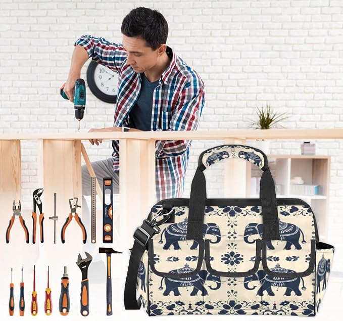 Elephant Heavy Duty Tool Bag 14.8 Inch Animal Print Portable Soft Tool Box Organizer Storage with Adjustable Shoulder Strap