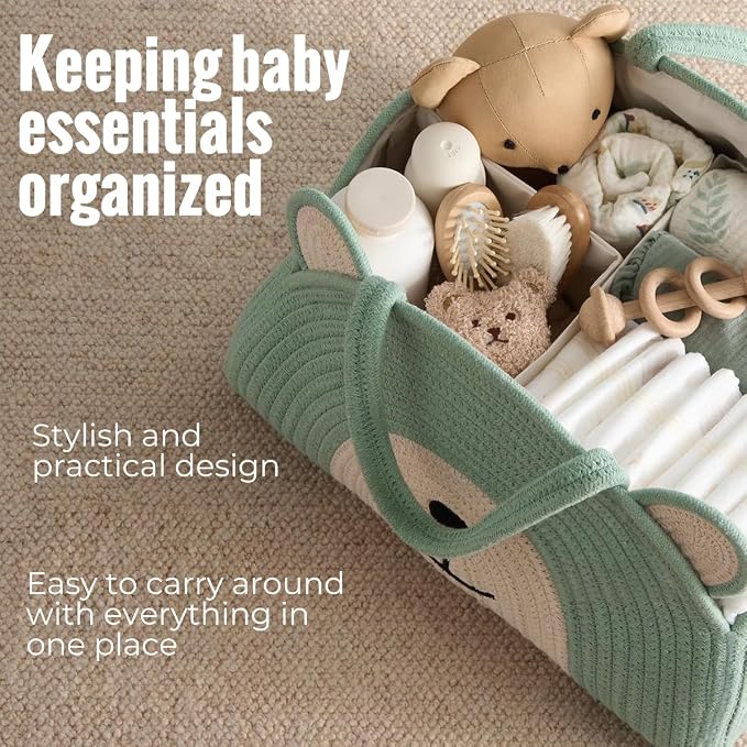 Lmbabter Baby Diaper Caddy Cotton Rope Diaper Organizer Basket Rainbow Theme Nursery Storage Bin Daypack Car Travel (Khaki Bear)