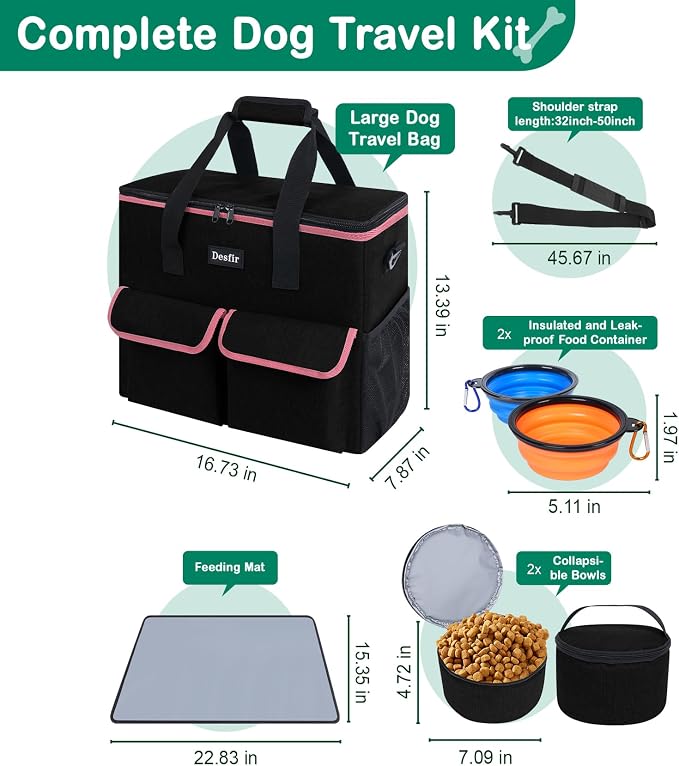 Dog Travel Bag - Dog Travel Kit for a Weekend Away Set Includes Pet Travel Bag Organizer for Accessories, 2 Collapsible Bowls, 2 Travel Food Container