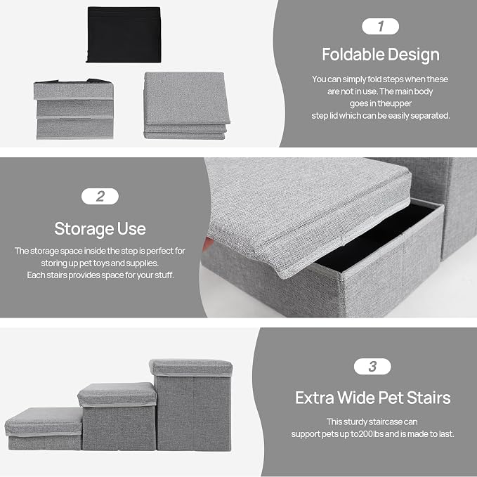 Linen Foldable Dog Stairs with Storage | 3-Step Pet Steps for High Beds & Couch, Non-Slip Dog Ladder for Small & Medium Dogs and Cats, Light Grey