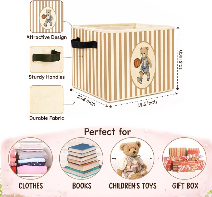 Basketball Teddy Bear Sports Foldable Fabric Storage Bin | Basketball teddy bear stripe design; foldable fabric storage bin for kids room, nursery, playroom, toys, books, clothes.