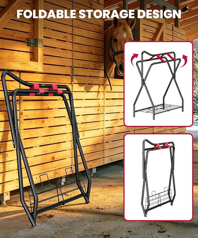 Portable Saddle Rack for English and Western Saddles, Folding Horse Saddle Stand with Bottom Storage for Horse Stable Equipment, Saddle Pad Rack, Black | Portable, High-grade Steel