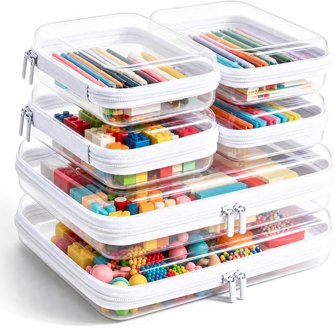 Clear Hard Shell Zipper Case, Crush-Proof Clear Zipper Pouches, TSA Approved Travel Toiletry Bag, Waterproof Makeup Bag & Diaper Bag, Organizer Bins for Toy Storage, Travel Accessories 2L+4S-White