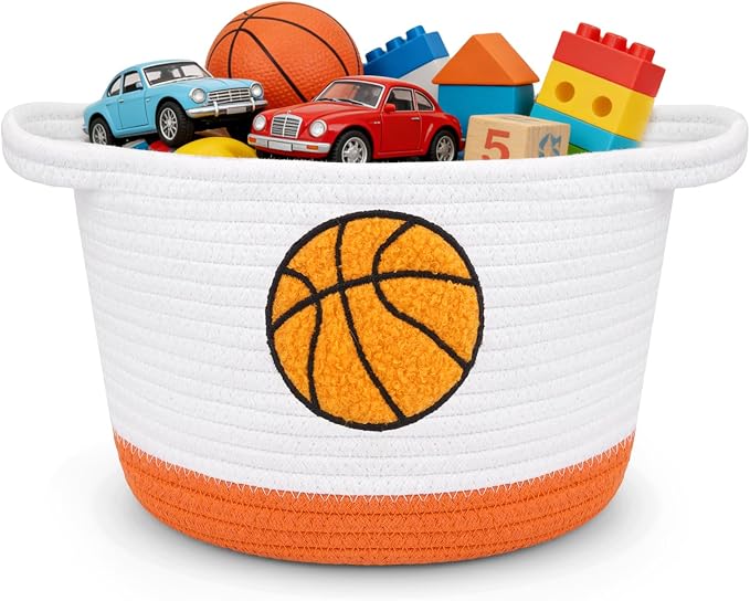 Basketball Storage Basket, Woven Basket with Handle Small Laundry Basket Organizer for Baby Shower, Blanket, Shelf, Cat Dog Toy Organizer, Gifts Empty, 9"x7" Baskets for Organizing
