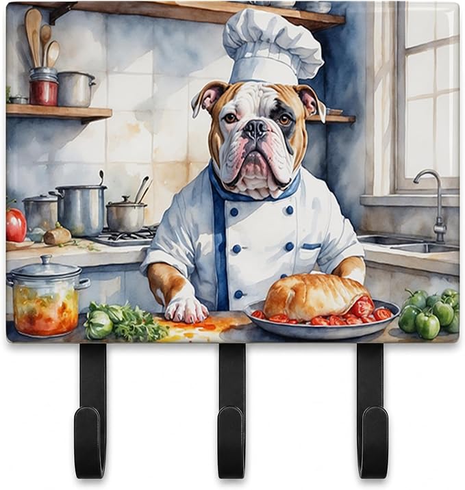 Caroline's Treasures American Bulldog The Chef Leash or Key Holder Wall Hooks, Key Hooks Holder, Coat Rack Wall Mount, Coat Hooks, Hooks for Hanging Keys, Towels, Aprons, Leashes | American Bulldog The Chef artwork on ceramic tile with three steel hook...
