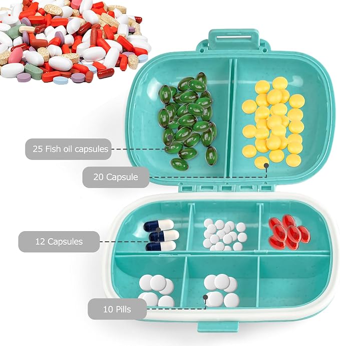 1Pack Travel Pill Organizer & 56 Medicine Name Stickers, Blue | [8 Compartments Portable Pill Case] [Small Pill Box for Pocket Purse Portable Medicine Vitamin Container]