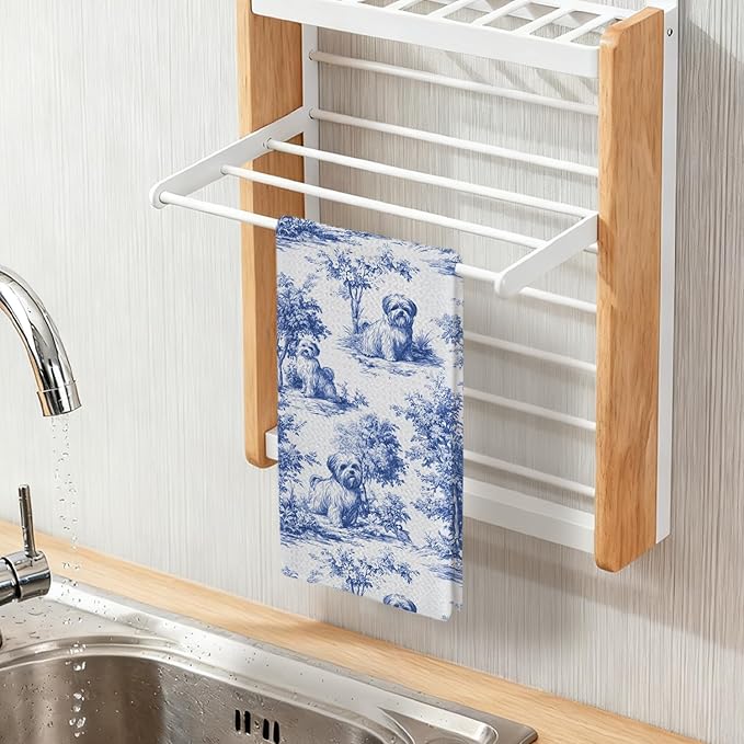 Shih Tzu Kitchen Dish Towels Set of 2, Blue and White Floral Dog Towel Dish Tea Towels, Chinoiserie Decor for Kitchen Bathroom,Shih Tzu Gifts for Dog Lover Mom Dad,16x24 Inch