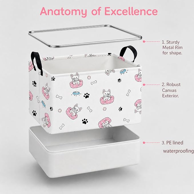 Large Dog Toy Basket Puppy Box Storage Bin (Pink Black) | Holder French Bulldog Stuff Organizer, Room Decor Gifts