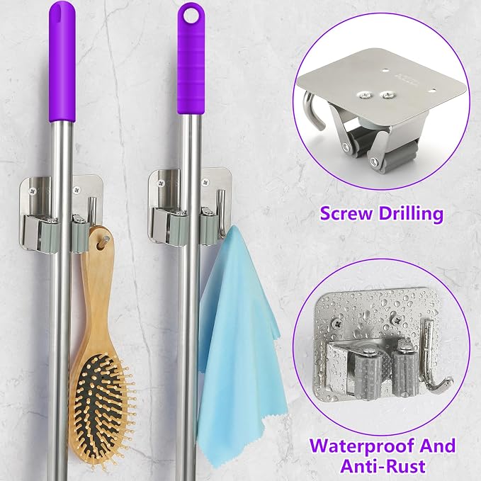 Broom Holder Wall Mount Screw Drilling, Sturdy Heavy Duty Stainless Steel Mop Gripper Rack Perforated, Perfect for Laundry Room Organizer, Fit with Laundry Kitchen Garage Garden Storage System | Drill-Mounted Gripper Rack Holds Brooms, Mops and Garden ...