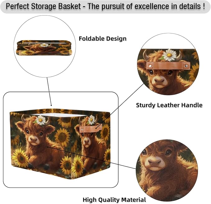 Cute Baby Cow Storage Basket with Handles Fabric Storage Bins Collapsible Nursery Basket for Shelf Book Cloth Closet Organizer Box 15 X 11 X 9.5 IN
