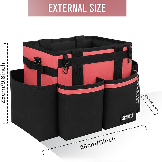SCAVATA Compact Wearable Cleaning Caddy with Handle & Shoulder Straps | Small Cleaning Supplies Organizer, Under Sink & Car Cleaning Tools Storage Bag for Housekeepers Cleaners, Coral Pink