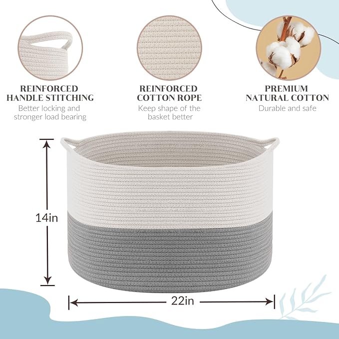 XXXLarge Blanket Basket Living Room - 22" x 22" x 14" Cotton Rope Baskets for Storage - Large Woven Basket for Toys, Towels, Pillows, Clothes- Rope Laundry Basket with Handles - Nursery Hamper Bin