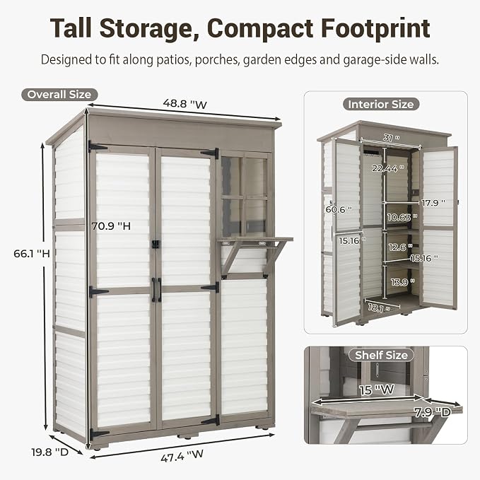 Ketive Outdoor Storage Cabinet, Fold-Down Shelf, 3 Shelves, 6 Hooks | Fir wood frame, textured plastic panels, and a sloped roof for patios, porches, gardens, and sheltered outdoor areas.