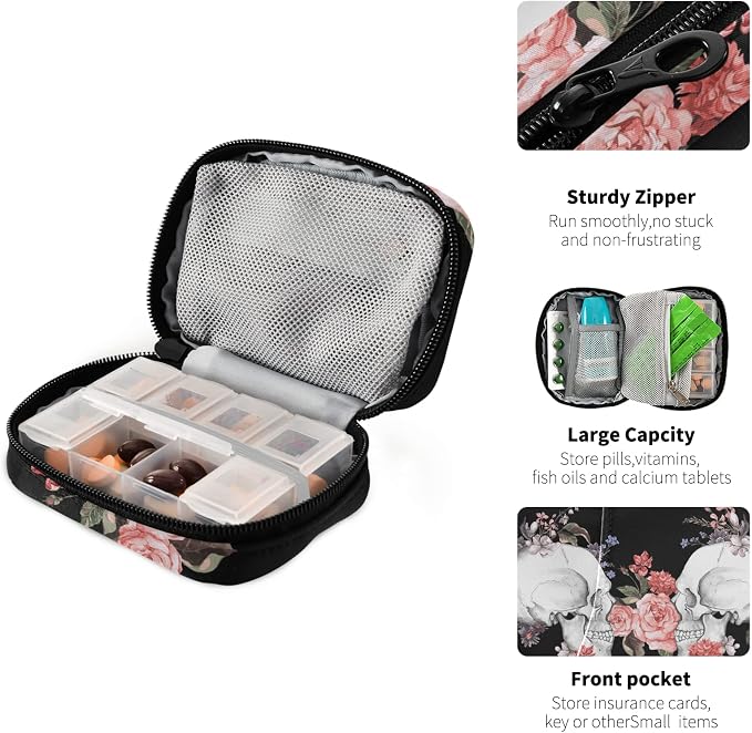 Watercolor Rose Skull Pill Box 7 Day Pill Case Travel Pill Organizer Bag with Zipper Portable Weekly Case Compact Size for Vitamin Supplement Holder