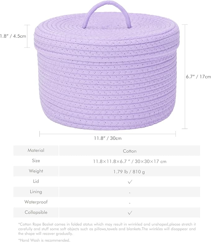 Sea Team Round Storage Basket, Woven Cotton Rope Basket with Lid, Lavender | Decorative Knitted Storage Bin, Multi-Purpose Lidded Organizer for Closet Shelves, Nursery and Household Storage
