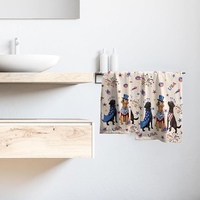 Giwawa 4th of July Dogs Towel Set of 2 Patriotic Puppy Hand Fingertip Towel Independence Day USA Stars Firework Quick Drying Dish Wash Cloth for Hotel Bathroom Gym Home Spa Holiday Decor
