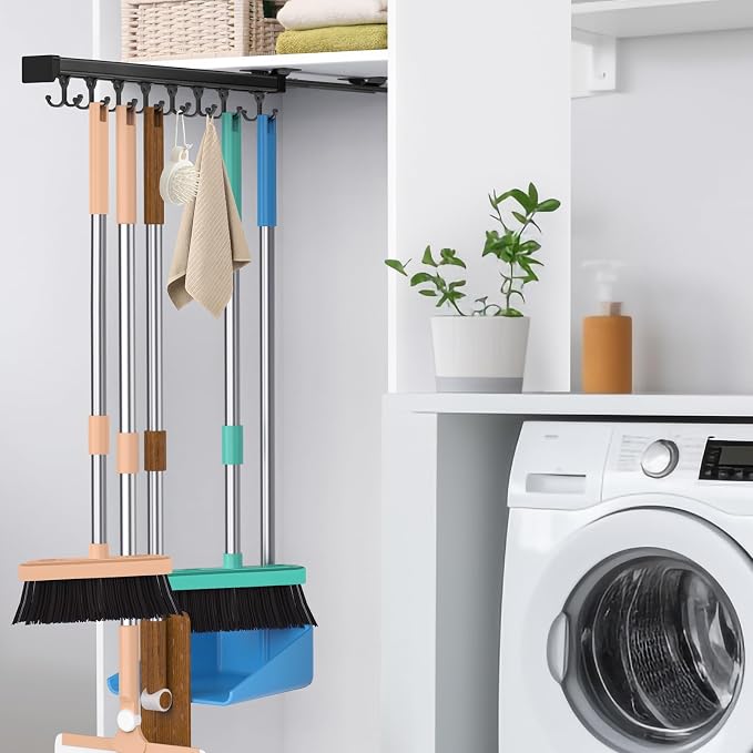 Pull Out Broom Holder With Adjustable Double Row Sliding Hook-Black 18.11in | High Load Capacity, Multifunctional Slide Broom And Mop Storage/Garage Organization Hooks, for Closet Laundry, kitchens