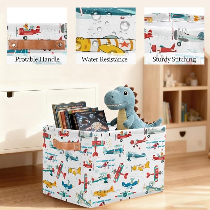 Pardick Storage Baskets Bin, Cute Cartoon Airplane Collapsible Canvas Fabric Storage Bin Decorative Baskets Toy Organizer Rectangle Storage Boxes with handles for Home Shelves Nursery,1Pack,C-05