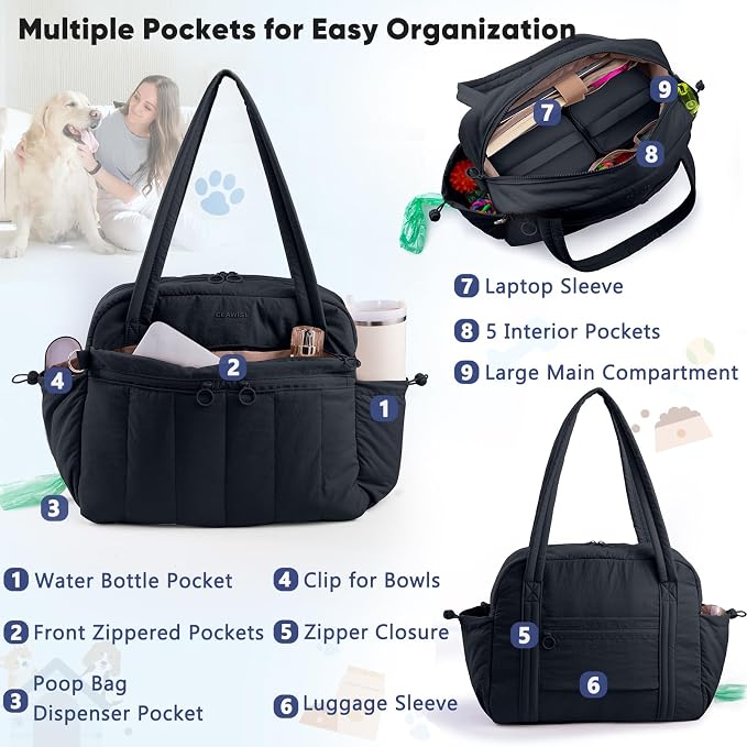 Dog Travel Bag for Supplies, Airline Approved Pet Travel Organizer with 2 Food Containers & Collapsible Bowls, Large Capacity Dogs Tote Bag for Weekend, Stylish Dog Mom Gift for Pet Lovers