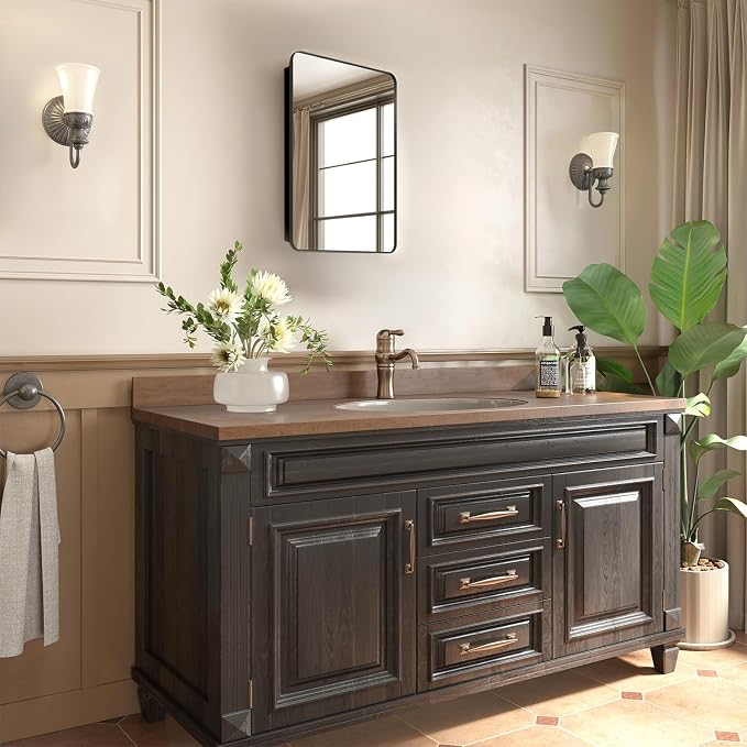 16x24 in Medicine Cabinet with Mirror for Bathroom, Matte Black | Fully Assembled; Recessed or Surface Wall Mount; Metal Cabinet with Tempered Glass Mirror and Two Adjustable Glass Shelves
