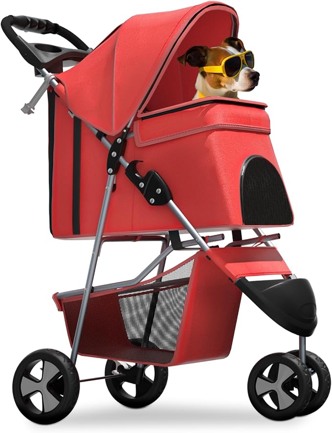 Magshion 3-Wheel Pet Stroller for Small/Medium Dogs & Cats, Up to 33lbs | Foldable Travel Jogger w/ Breathable Mesh Cover, Lightweight Design, Safety Tethers, Cup Holder & Storage Basket