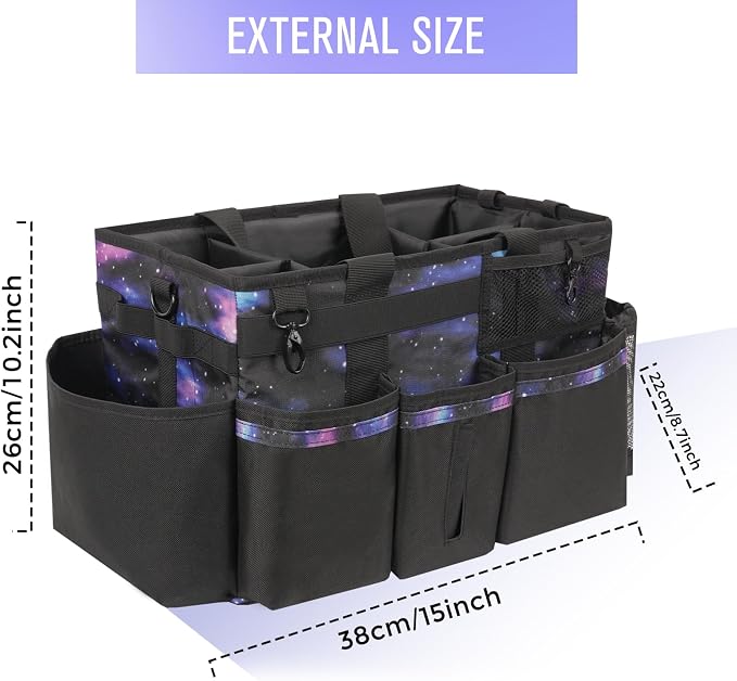 SCAVATA Wearable Cleaning Caddy, Cleaning Caddy Supplies Organizer with Handle & Shoulder Straps for Housekeepers, Under Sink & Car Cleaning Tool Organizers Bag with 4 Foldable Divider (StarrySky)