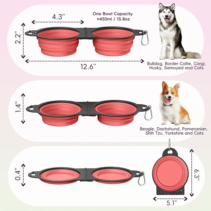 Pawaboo 2-in-1 Collapsible Dog Bowls, 180° Flip Over Dual Puppy Bowls | Food and Water Portable Silicone Dog Bowl with Metal Hook, 450ml Pet Travel Feeder Bowl for Walking Hiking Camping,Light Pink