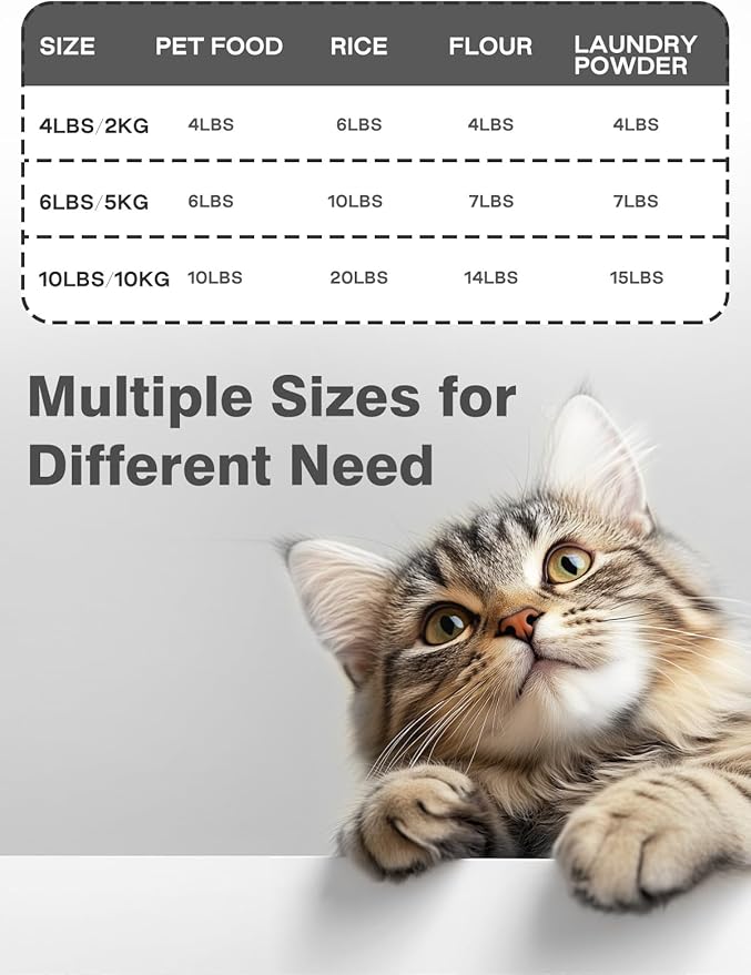 20 lb Stackable Pet Food Storage Containers, 3 Pack | Three stackable airtight bins hold 4, 6, and 10 lb for 20 lb total; includes 3 measuring cups and clear BPA-free bodies.