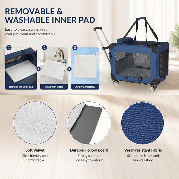 28" Pet Carrier with Wheels, 50 lb Soft Sided Foldable Dog Crate, 3 Mesh Doors, Detachable Wheels, Dark Blue Travel Kennel for Vet Visits and Medium Large Dogs