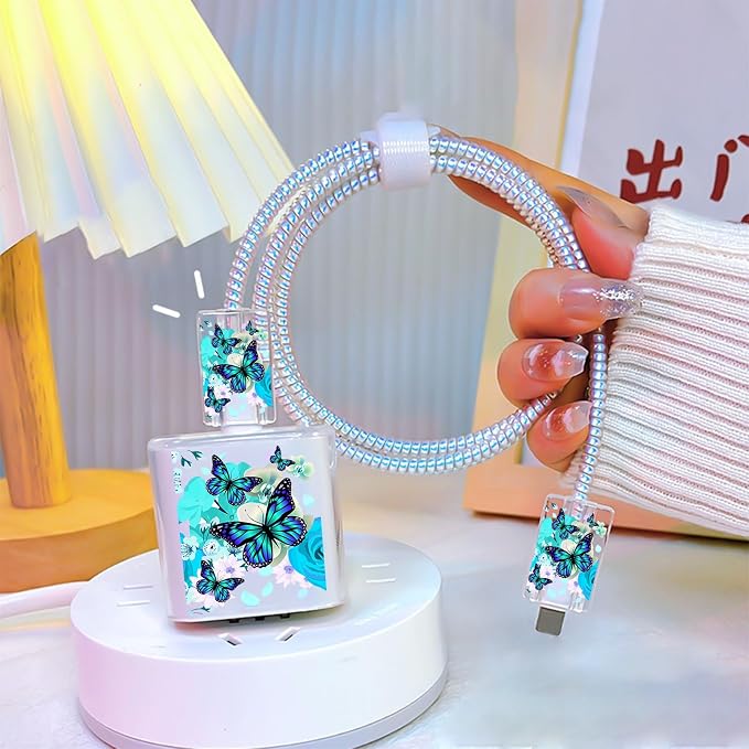 Cute Cable Protector for iPhone Apple Charger,Pretty Flower Butterfly Design,Data Cable USB Case Cord Saver Phone Charger Protector for iPhone 11 12 13 14 Pro Max XS XR X 7 8 Plus-Bright Blue
