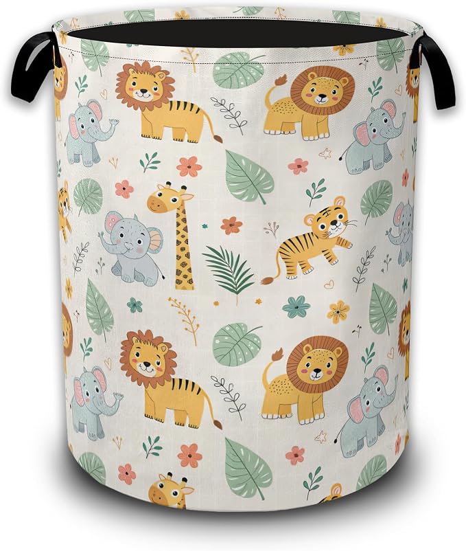 Cute Jungle Animals Cartoon Laundry Basket,Waterproof Foldable Laundry Hamper,Dirty Clothes Laundry Basket,Linen Bin Storage Organizer Collection 16" x 20.8"