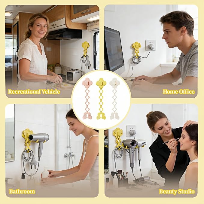 2-in-1 Cord Wrap and Cable Organizer with No-Trace Adhesive, TPR, Set of 3, Pink, Yellow, White, for Kitchen, Bathroom, Living Room