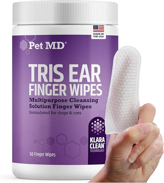 Pet MD Tris Ear Finger Wipes for Dogs & Cats - Multipurpose Cleansing Solution Cat Ear Wipes & Puppy Ear Cleaner - Pet Safe Cleaner to Clean and Remove Debris - 50ct