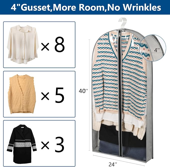 5 Pack 40" Garment Bags for Hanging Clothes Storage
