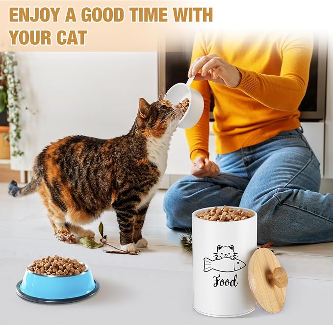 Reallnaive Metal Airtight Cat Treat Container Set of 3 with Bamboo Lids and Spoon Cat Food Storage Container with DIY Labels Pen Pet Cookie Snack Food Storage Organizer Jars for Kitchen Counter(White)