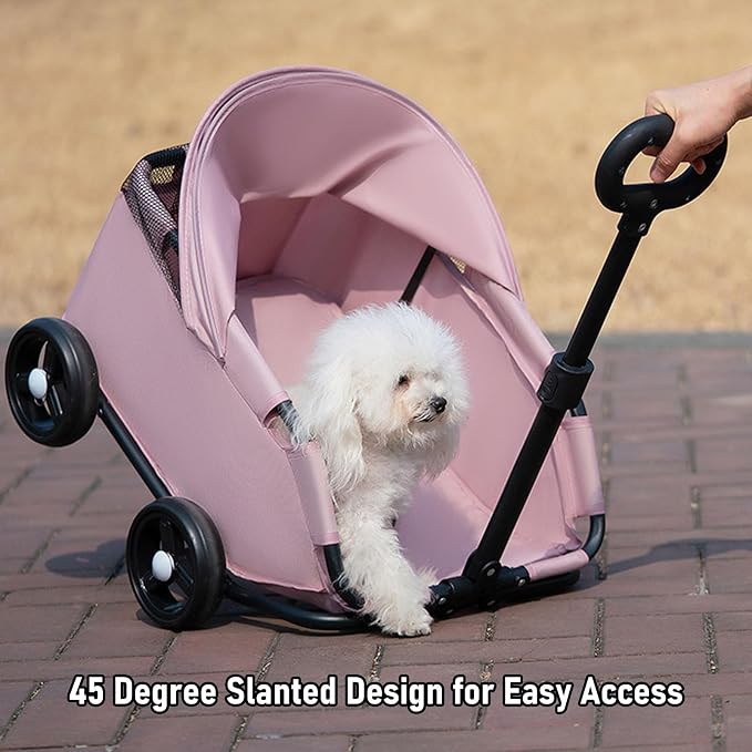 banapoy Foldable Pet Stroller with Canopy, 4 Wheels Pet Strolling Cart for Small Dogs Cats, Lightweight Easy Assembly, 1 Hand Fold, Outdoor Use (Pink)