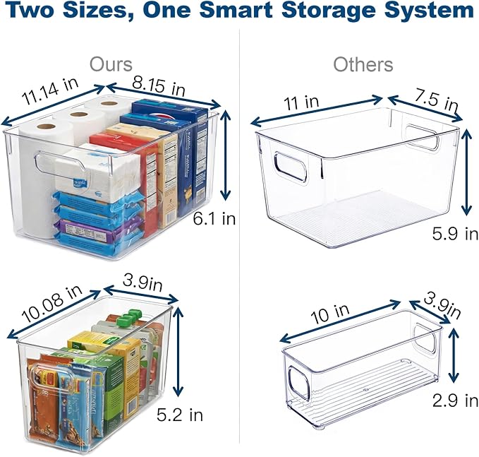MOONEDGE 8 Pack Clear Plastic Storage Organizer Bins, 4 Large & 4 Narrow | Pantry Organizers and Storage, Clear Bins for Organizing, Narrow Storage Bins, Fruit Storage Containers for Fridge, Kitchen