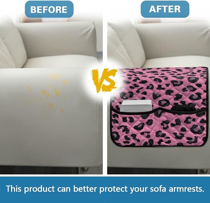 Pink Leopard Print Sofa Armrest Covers Non-Slip Arm Rest Covers Washable Couch Arm Cover with Two Pockets Dustproof Furniture Protector for Living Room Decoration
