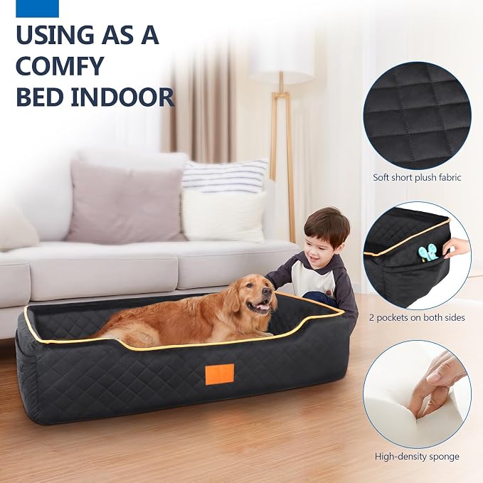 XIEEAOZEE Large Dog Car Seat for Dods Under 100 lbs, Memory Foam Dog Car Bed for Backseat & Trunk, Detachable and Washable Cover, Pet Travel Seat with Storage Pockets, 2 Safety Belts