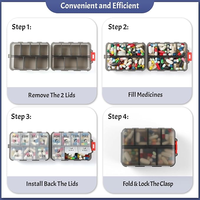 NEW Foldable & Double Protection Portable Weekly Pill Organizer 2 Times A Day with Etched Labels, AM PM 7 Day Week Medicine Box, Daily Travel Pill Case Dispenser for Vitamin, Supplement - Clear Black