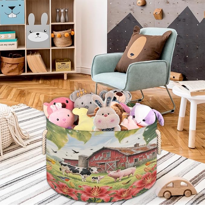 Large Storage Baskets - Rustic Barn Farm Animal Nursery Organizer Bin Box with Handles Collapsible Round Laundry Hamper for Kids Toys Pet Blanket, Bedroom Living Room Home Decor Gift Basket