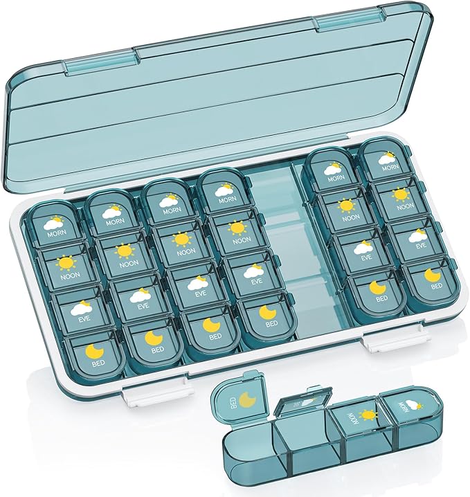 Acedada Pill Organizer 4 Times A Day, Weekly Travel Pill Box 7 Day, Blue | Large Medicine Organizer Box, Pill Case 4X A Day, Easy to Open, Daily Pill Holder Container for Vitamin, Fish Oil Supplements
