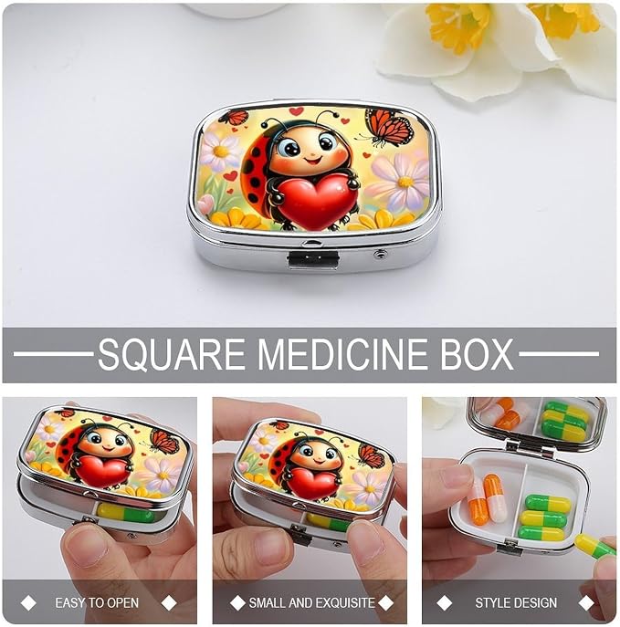 Ladybug Durable Metal Pill Case for Daily Use, 2 Slot Medicine Box Organizer,Leak Proof Travel Pill Container for Vitamins, Compact Pocket Medicine Holder for Seniors,Holiday Gift