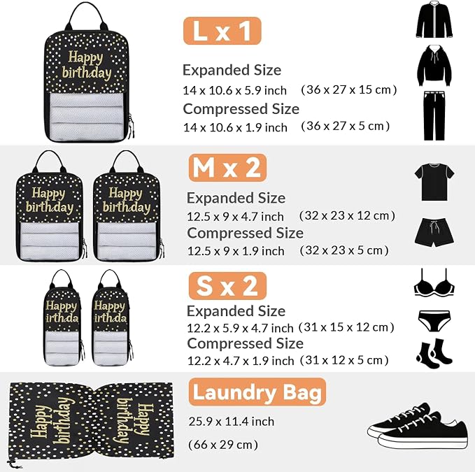 Happy Birthday 6 Set Compression Packing Cubes Birthday Theme Expandable Packing Organizer for Travel Accessories Luggage Suitcase Bag