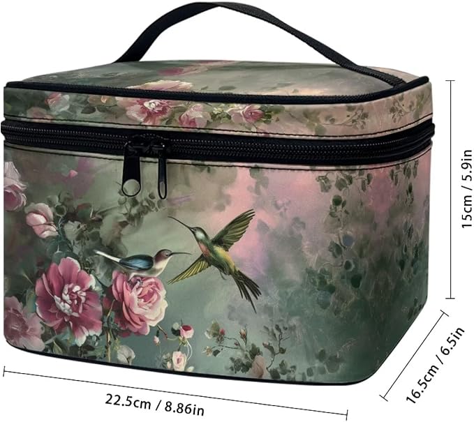 Hummingbird Make Up Bags for Women Portable Lightweight Floral Cosmetic Bag with Handle Womens Travel Makeup Bag for Vacation Daily Party