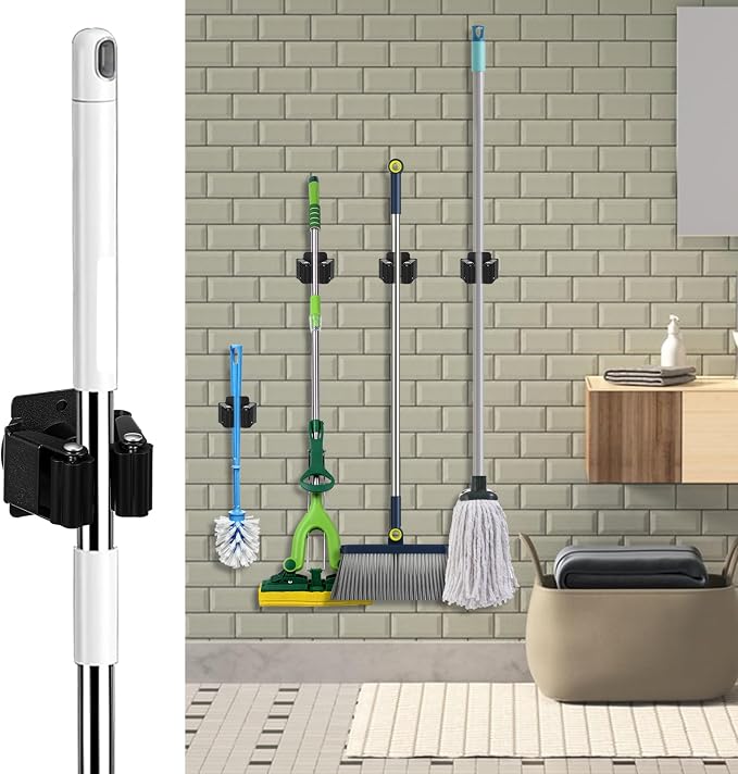 24 Pack Broom and Mop Holder Wall Mount, Hanging Clamp Clip Hanger Utility Rack, Heavy Duty Stainless Steel Adjustable Clamp Organizer with Screws for Garage, Home, Garden Tools, Black