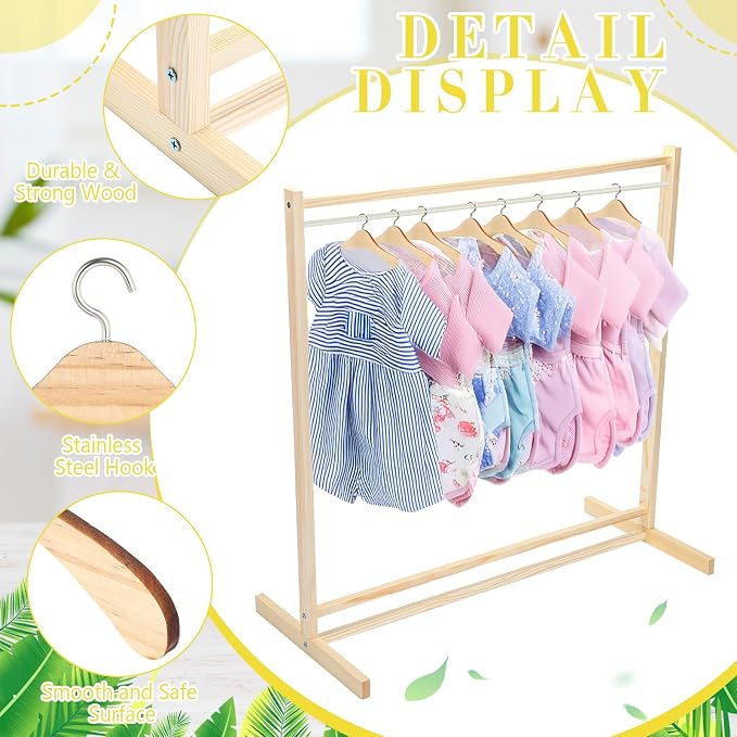 Estune Dog Garment Rack with 12 Wood Pet Clothes Hanger Wooden Dog Dress up Storage Small Closet Pet Clothes Organizer Accessories for Doll Cat and Puppy(Medium)