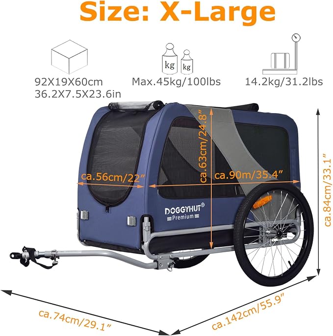 DOGGYHUT® Premium X Large Pet Bike Trailer Up to 100 lbs (Blue) | Bicycle Trailer for Small Medium or Large Dogs, Dog Bicycle Carrier, Low Center of Gravity, Folding Frame Cart