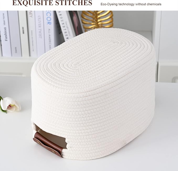 ECDYQXVU 15x10x9 Woven Cotton Rope Storage Basket, Leather Handles 3 Pack | Foldable Design, Sturdy PU Handles, Easy to Clean Organizer for Living Room, Closet, Shelves, Bedroom, Laundry, Clothes